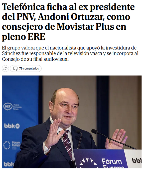 🇪🇸 #ULTIMAHORA 
El Ex-Presidente del Partido Nacionalista Vasco, Andoni Ortuzar, es nombrado miembro del Consejo de Administración de Movistar Plus, empresa controlada por el Gobierno en un 10%.

🗨️¿Qué valor que aporta Ortuzar a la cuenta de resultados de Telefónica?