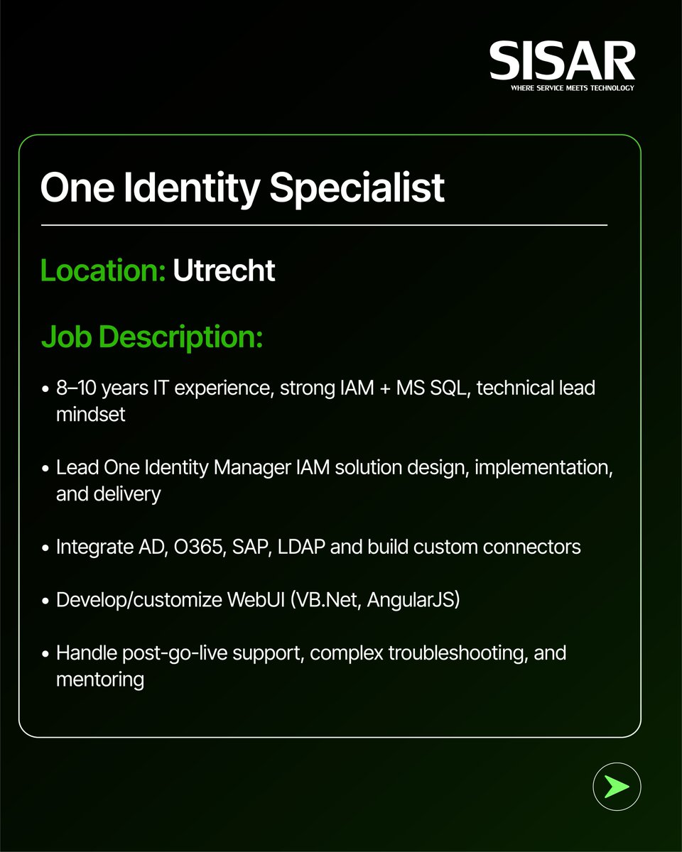 sisar_bv's tweet photo. #SISAR is recruiting One Identity Specialist &amp; ServiceNow Specialist. 

Apply now: jobs@sisar.nl

Explore more job vacancies here-https://t.co/JSCPC1G8bY

#ServiceNow #ServiceNowJobs #ServiceNowDevelopers #IdentityManagement #CyberSecurityJobs #ITRecruitment #Netherlands https://t.co/PfAA0winaK