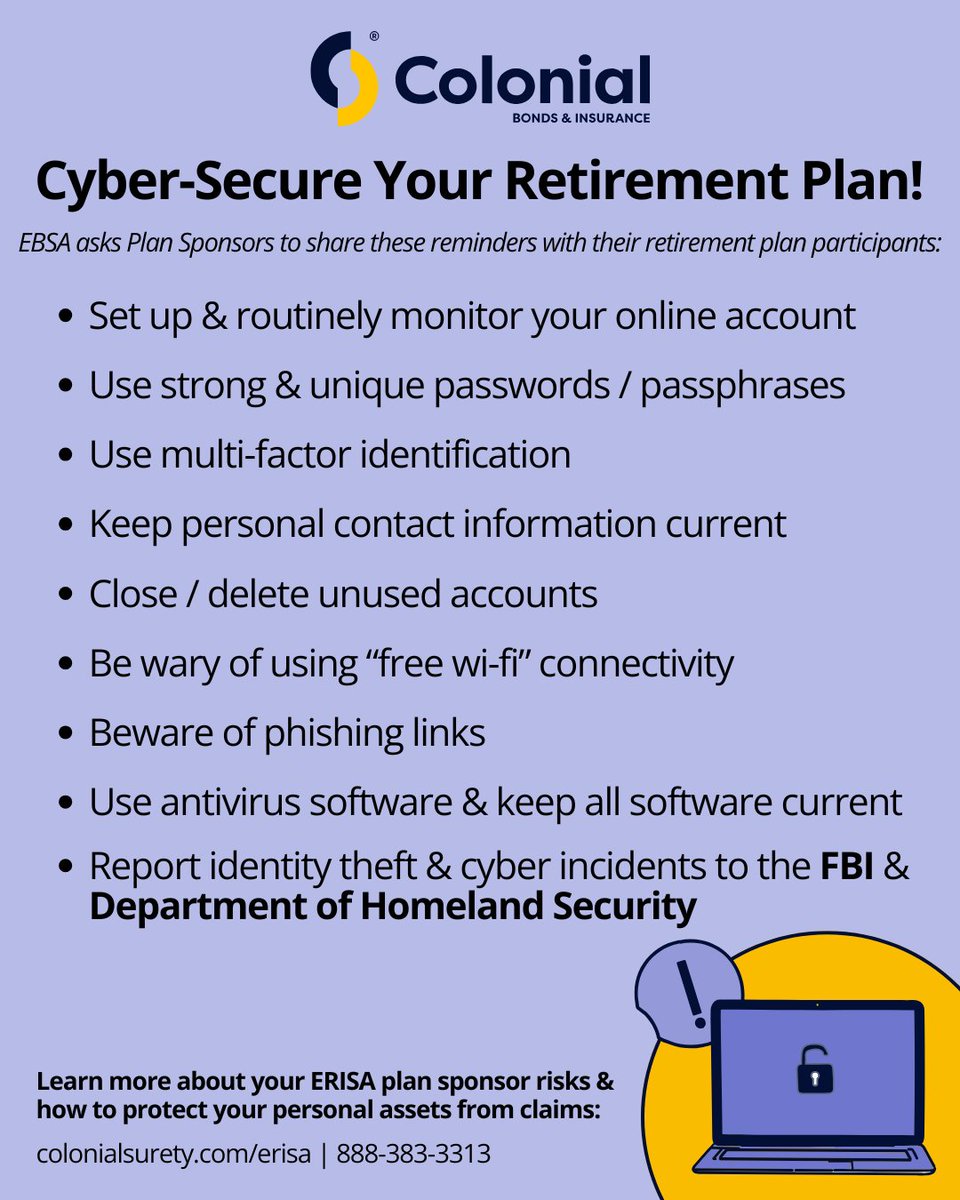 ColonialSurety's tweet image. Pass along these pointers from the @USDOL EBSA - and, as a plan sponsor, don't forget your to-dos, including getting a response plan in place.

dol.gov/agencies/ebsa/…