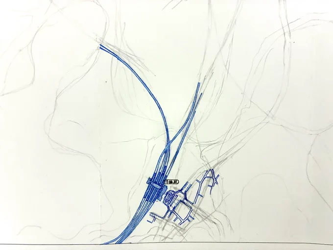 今度は100万都市を描きたくなってきたから、新作に着手。海峡都市を描いていく予定です。 #空想地図 #千脇市