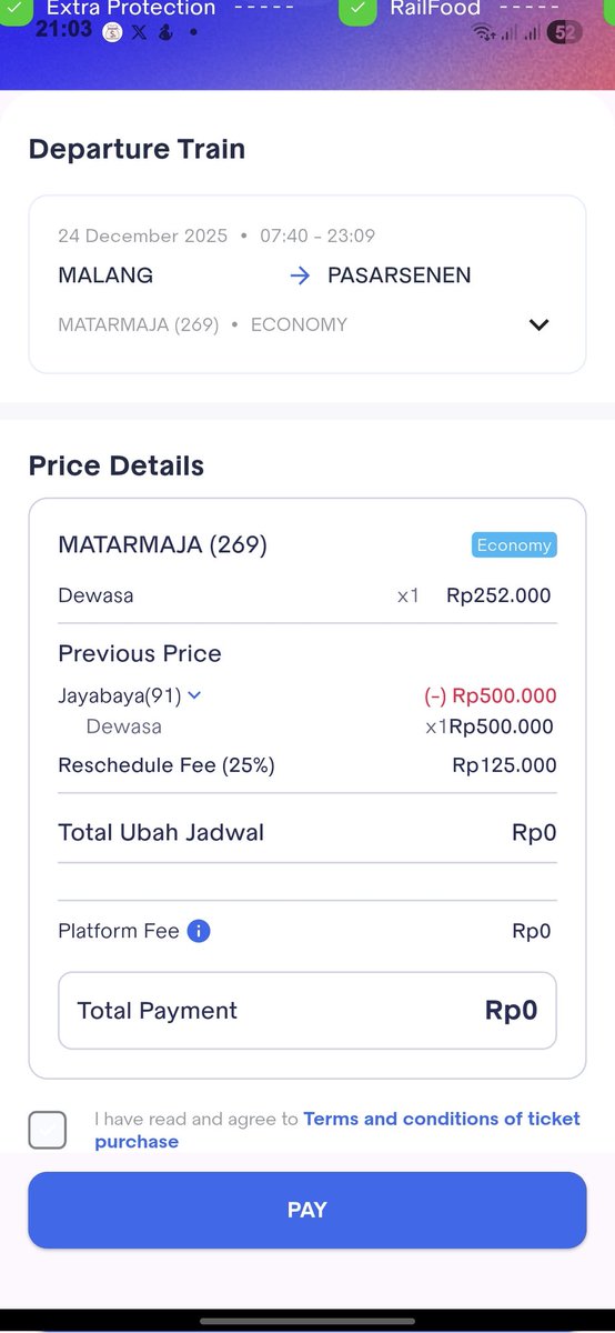 ghaaaaiiii's tweet photo. min mau tanya, kalo mau resche kan kena charge 25%. sblmnya jayabaya di harga 50Orb sedangkan matarmaja di harga 252rb. jika 252rb + 25% = 377rb. lalu 123rb sisanya lari kemana? @KAI121 https://t.co/ZYk4j7Q0fZ