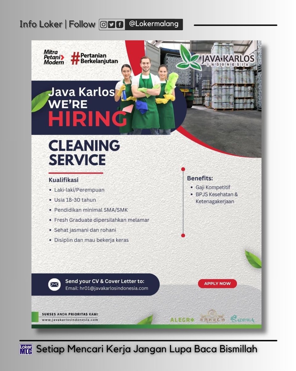 Lokermalang's tweet image. #Lokermalang 

PT. JAVA KARLOS INDONESIA 

WE ARE HIRING‼️

▪️ 𝘚𝘛𝘈𝘍𝘍 𝘈𝘊𝘊𝘖𝘜𝘕𝘛𝘐𝘕𝘎
▪️ 𝘚𝘛𝘈𝘍𝘍 𝘔𝘈𝘐𝘕𝘛𝘌𝘕𝘈𝘕𝘊𝘌
▪️ 𝘏𝘌𝘓𝘗𝘌𝘙 𝘎𝘜𝘋𝘈𝘕𝘎
▪️ 𝘊𝘓𝘌𝘈𝘕𝘐𝘕𝘎 𝘚𝘌𝘙𝘝𝘐𝘊𝘌
▪️ 𝘏𝘌𝘓𝘗𝘌𝘙 𝘗𝘙𝘖𝘋𝘜𝘒𝘚𝘐

📧 : hr01@javakarlosindonesia.com