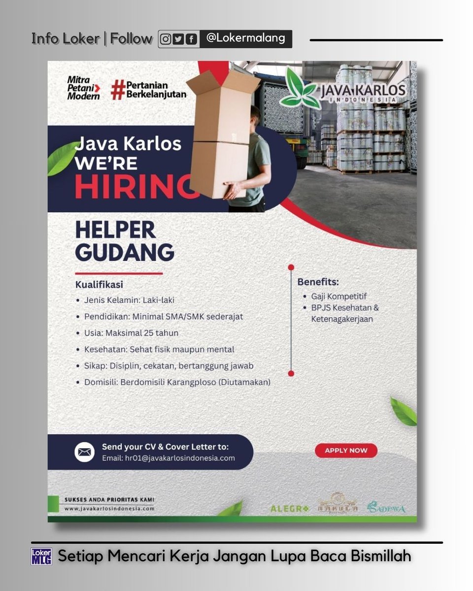 Lokermalang's tweet image. #Lokermalang 

PT. JAVA KARLOS INDONESIA 

WE ARE HIRING‼️

▪️ 𝘚𝘛𝘈𝘍𝘍 𝘈𝘊𝘊𝘖𝘜𝘕𝘛𝘐𝘕𝘎
▪️ 𝘚𝘛𝘈𝘍𝘍 𝘔𝘈𝘐𝘕𝘛𝘌𝘕𝘈𝘕𝘊𝘌
▪️ 𝘏𝘌𝘓𝘗𝘌𝘙 𝘎𝘜𝘋𝘈𝘕𝘎
▪️ 𝘊𝘓𝘌𝘈𝘕𝘐𝘕𝘎 𝘚𝘌𝘙𝘝𝘐𝘊𝘌
▪️ 𝘏𝘌𝘓𝘗𝘌𝘙 𝘗𝘙𝘖𝘋𝘜𝘒𝘚𝘐

📧 : hr01@javakarlosindonesia.com
