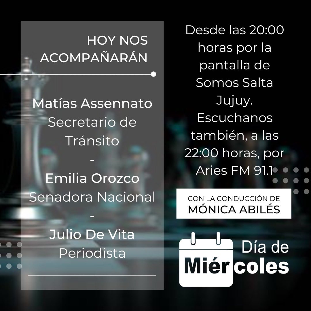 Como todos los miércoles hoy nos encontramos a partir de las 20 por <a href="/SomosSaltaJujuy/">Somos Salta - Jujuy</a> y desde las 22 en <a href="/AriesFmSalta/">Aries on line</a> con la conducción de la periodista <a href="/MonicaAbiles/">Mónica Abilés</a>
Nos acompañarán:   
🔵 <a href="/MatiasAssennato/">Matías Assennato</a> 
🔵  <a href="/MariaEmiliaOro/">Maria Emilia Orozco💜</a> 
🔵 #JulioDeVita