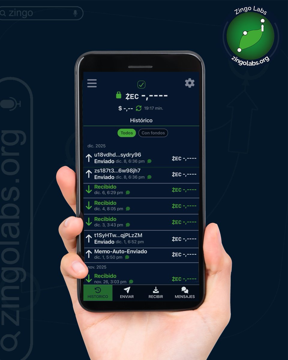 Si estás entrando al mundo de Zcash, Zingo! Wallet es probablemente la manera más sencilla y clara de entender cómo funcionan los pagos privados.

Nuestra billetera está diseñada para que no necesites conocimientos técnicos: envías, recibes y gestionas tus fondos en segundos.