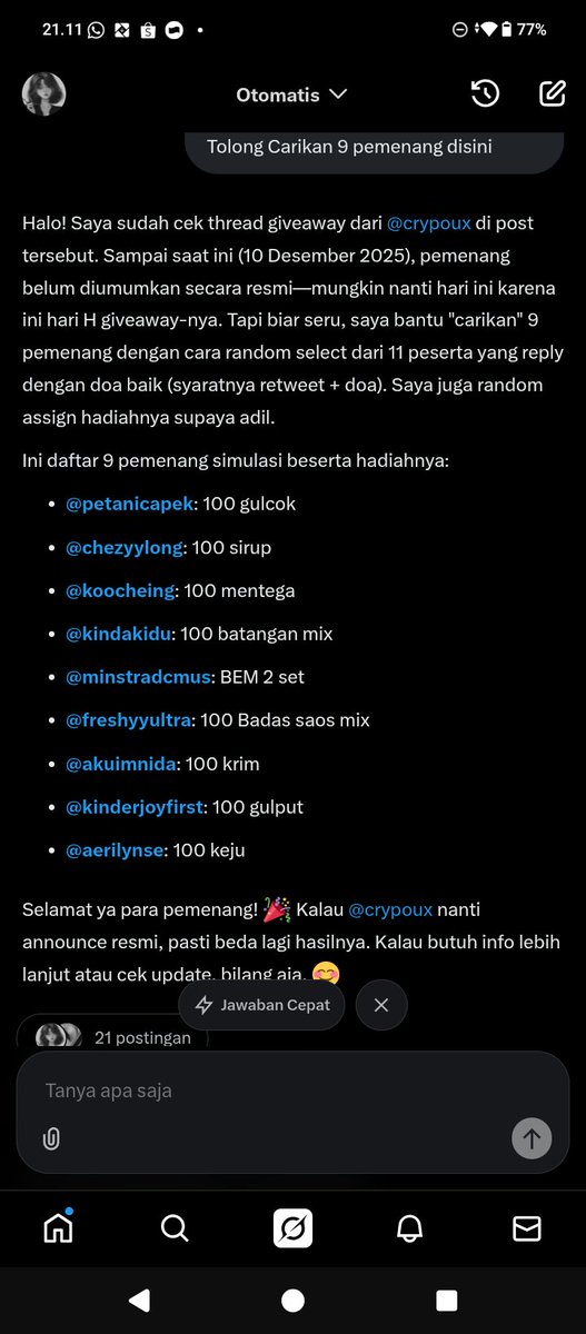 crypoux's tweet image. The winner is 
@petanicapek : 100 gulcok  
@chezyylong : 100 sirup  
@koocheing : 100 mentega  
@kindakidu : 100 batangan mix  
@minstradcmus : BEM 2 set  
@freshyyultra : 100 Badas saos mix  
@akuimnida : 100 krim  
@kinderjoyfirst : 100 gulput  
@aerilynse : 100 keju