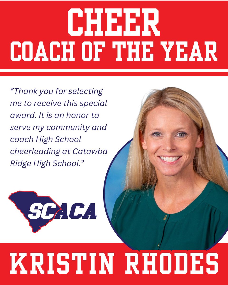CarolinaCoaches's tweet photo. Join us in celebrating Coach Kristin Rhodes of Catawba Ridge High School, our 2025-2026 Cheer Coach of the Year!
#scsports #southcarolinasports #studentathletes #highschoolcoaches #coaches #highschoolsports #southcarolina #schighschools #scathletics #highschool #SCACA https://t.co/65Y3tXn2YE