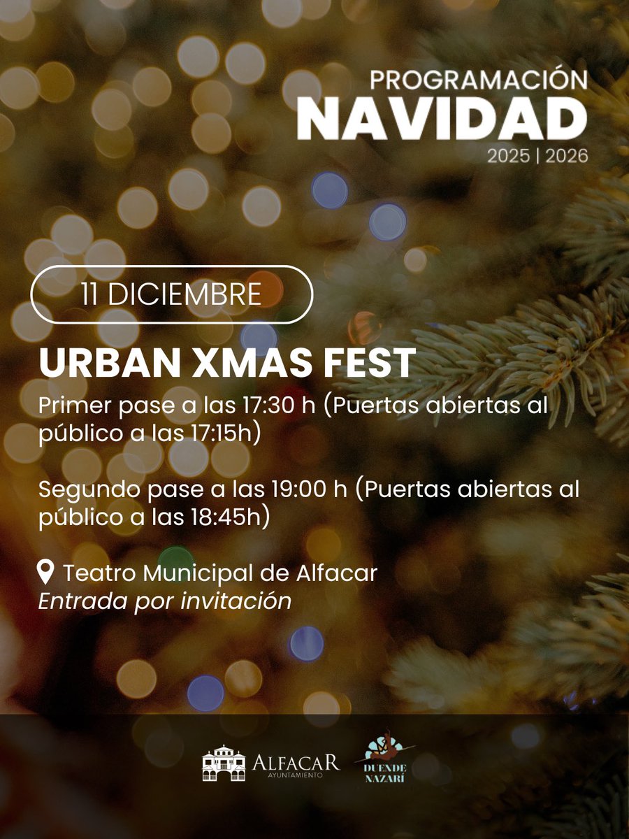 Este 11 de diciembre disfrutaremos en Alfacar del Urban Xmas Fest, una propuesta navideña a cargo del taller de danza urbana de Alfacar.

Habrá dos pases, en el Teatro Municipal:

La entrada se realizará por invitación.