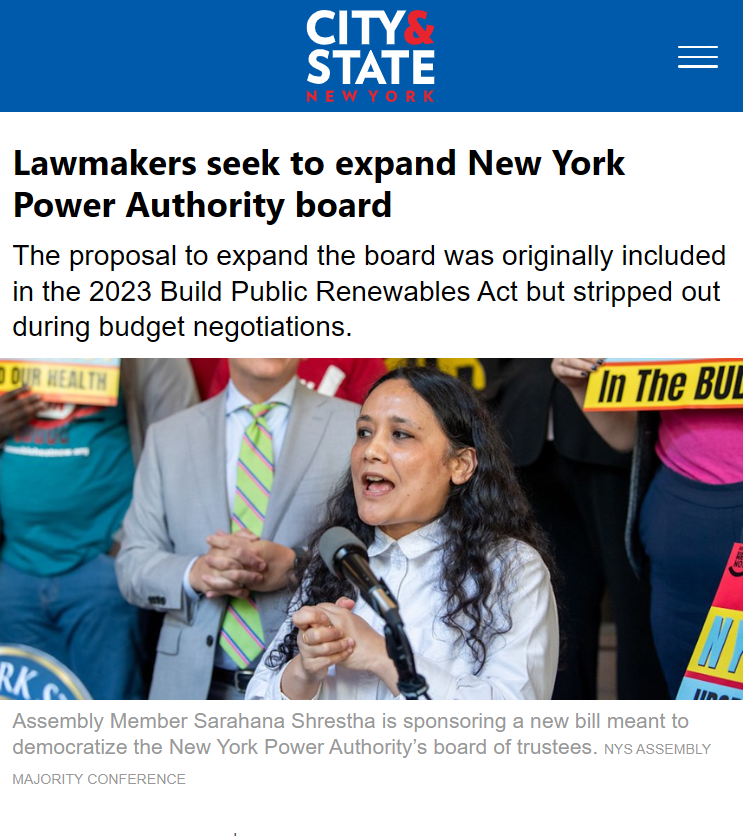 Our energy system is in crisis, and New Yorkers demand action. Public power can lower our bills, create union jobs, clean our air, and save our future--but only if NYPA listens to the people. The Public Power Democracy Act will ensure they have the leadership to get the job done.
