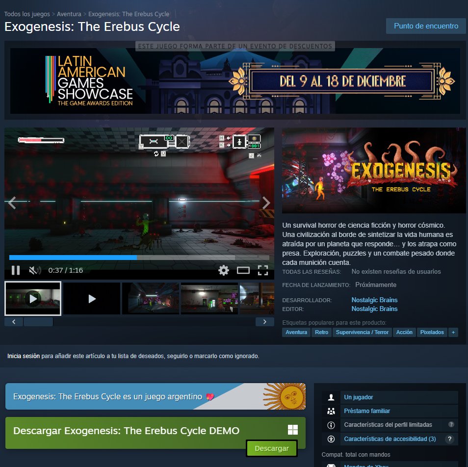 Realmente felices por ver a Exogenesis en el Latin American Games Showcase 
trabajo duro y pasión puestos en un lugar así.
Gracias <a href="/LAGShowcase/">Latin American Games Showcase 🔜 Summer Game Fest</a> por la oportunidad.
Truly happy to see Exogenesis featured in the Latin American Games Showcase 
The cycle begins.
#LAGS2025 #indiegame