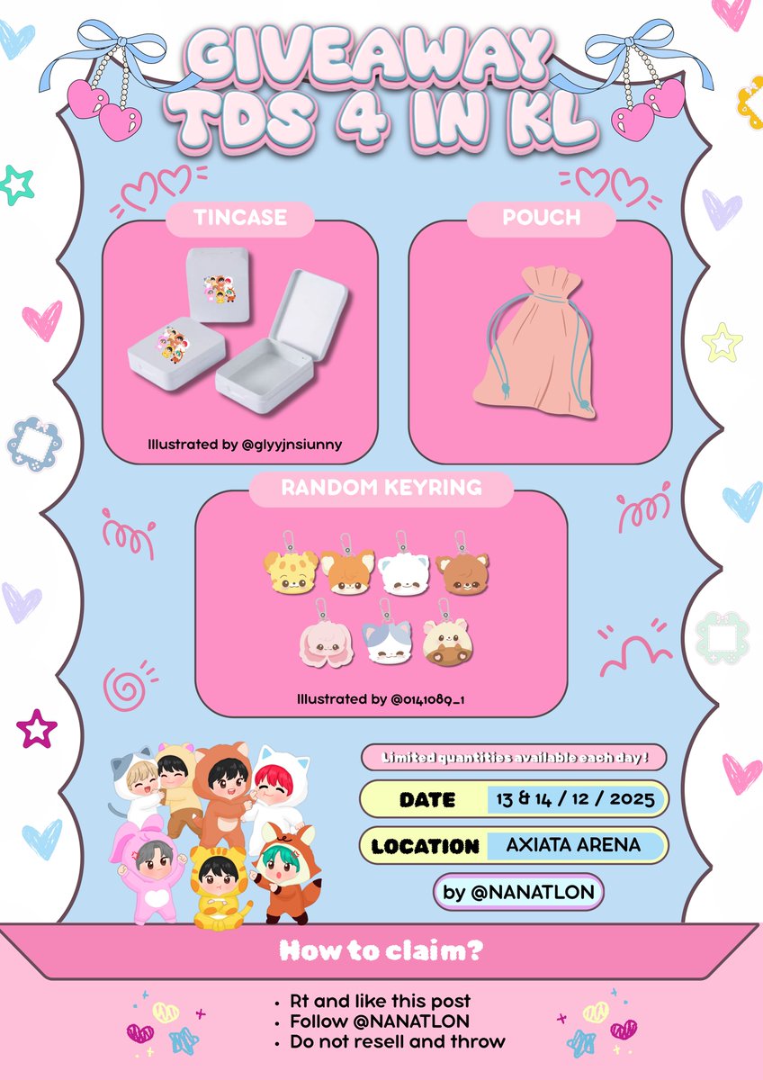 NANATlON's tweet image. kindly help rt ೀ 
 
Freebies for TDS4 in Kuala Lumpur 

♡ ̆̈ Pouch
♡ ̆̈ Tincase
♡ ̆̈ Random Keyring
♡ ̆̈ Nomin keyring &amp;amp; standee (nominist only)

📆 Date : 13 &amp;amp; 14 Dec 2025
⏰ Time : TBA
📍 Location : Axiata Arena

rt &amp;amp; like ♡

#TDS4inKL #THEDREAMSHOW4_in_KUALALUMPUR