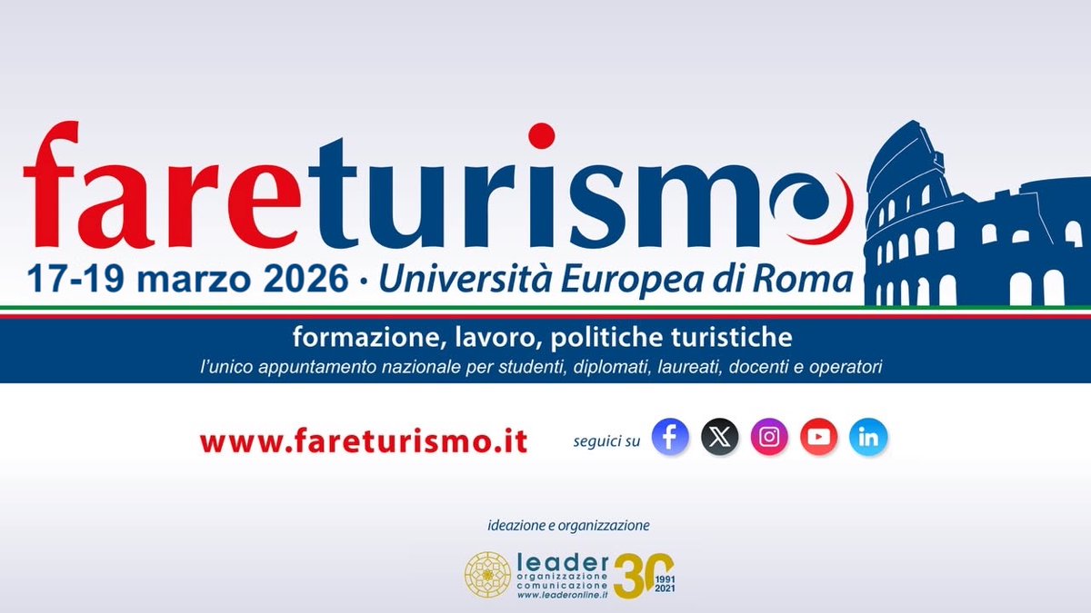 Dal 17 al 19 marzo 2026, presso l'Università Europea di Roma, si terrà la XXV edizione di FareTurismo, dal 2004 l’unico appuntamento nazionale sull’orientamento alla formazione e al lavoro nel turismo per studenti, diplomati, laureati, docenti e operatori.