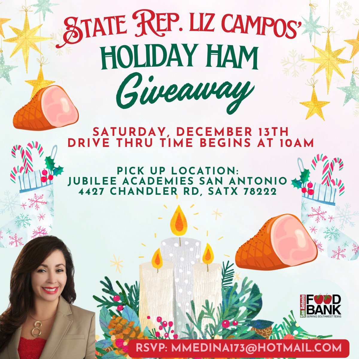 Mark your calendars!
This Saturday,  the San Antonio Food Bank is joining me in my annual Holiday Ham Giveaway. Limit one per vehicle while supplies last.
#StateRepLizCampos #TXHD119 #HolidaySeason #SAFoodBank