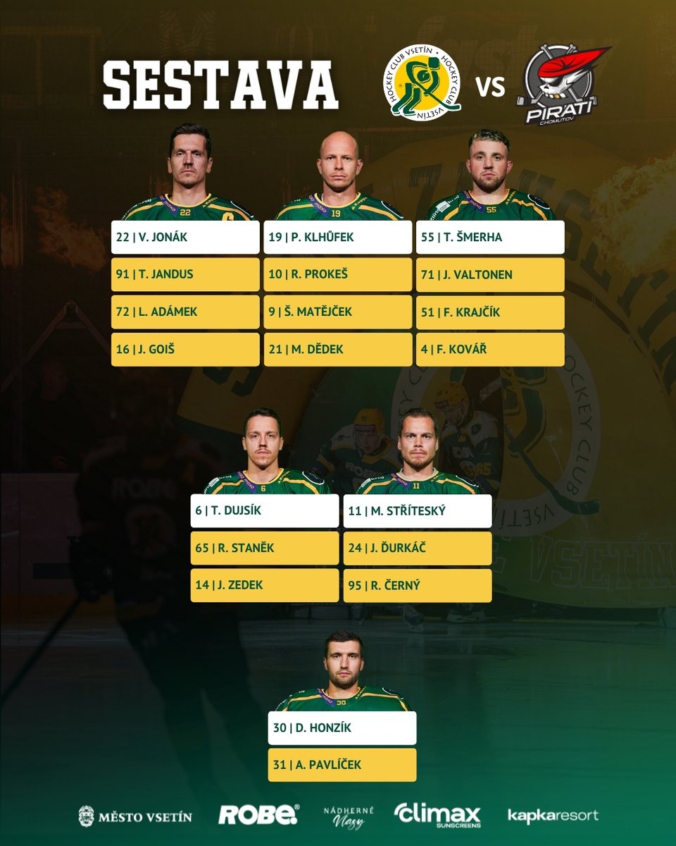 Za hodinu nastoupíme do zápasu s Chomutovem v této sestavě! 🍀
🤕Absence: Marcel, Hryciow, Srdínko, Bláha, Hořanský, Straka, Pospíšil