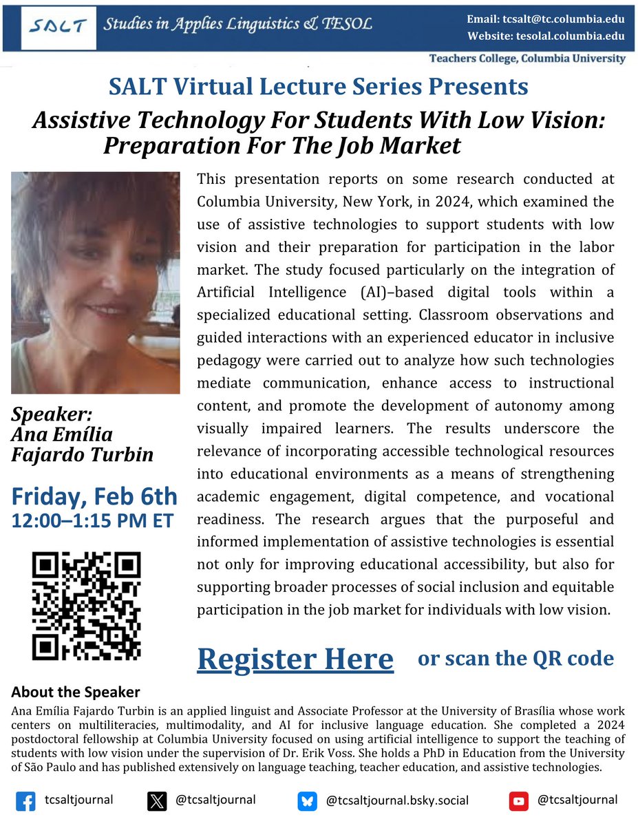 📅 Mark your calendars!
On February 6, 2026, SALT will host a virtual lecture with Dr. Ana Emília Fajardo Turbin, who will share insights from her <a href="/Columbia/">Columbia University</a> postdoc research on AI &amp; inclusive education for low-vision learners. Read the abstract &amp; register: forms.gle/u1NhK52Zcr1o4R…