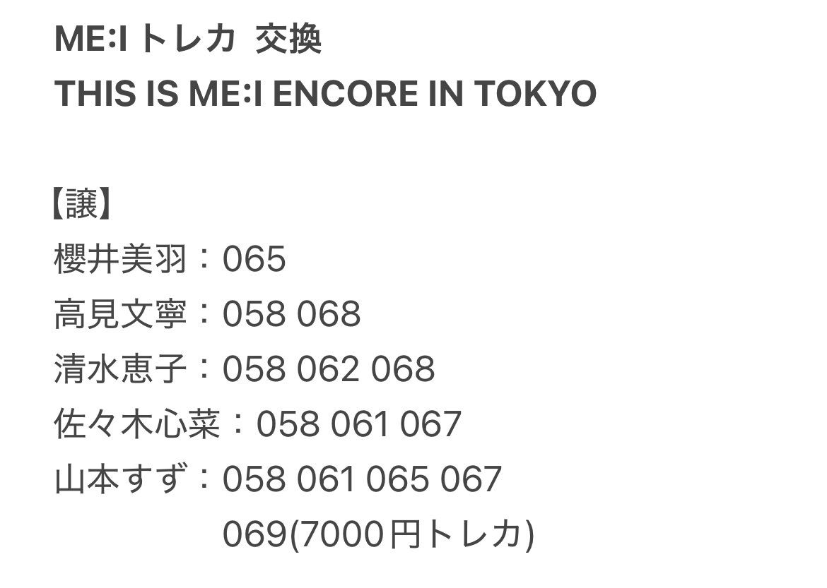 _omusubi_32's tweet photo. 〈 #ME_I交換 〉 ME:I 交換 トレカ
THIS IS ME:I ENCORE IN TOKYO 
#THIS_IS_ME_I 

譲✧櫻井 高見 清水 佐々木 山本
(1枚目参照)

求✧村上璃杏(2枚目どれでも)

✧セルカはセルカ同士優先
7000円トレカは同種のみ

✧郵送での交換のみ

【必読】https://t.co/8R1lNE41JF

お気軽にお声掛けください◎ https://t.co/iWSTkFDCHE