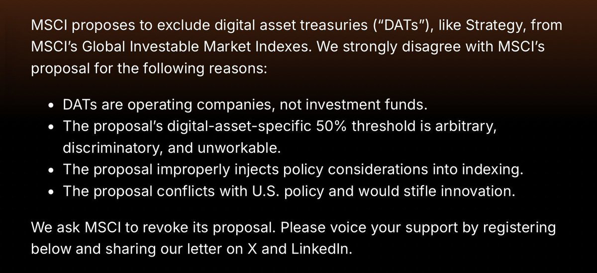 cryptorover's tweet photo. 💥BREAKING:

🇺🇸 MICHAEL SAYLOR'S STRATEGY ASKS THE MSCI INDEX TO REVOKE ITS PROPOSAL TO EXCLUDE BITCOIN TREASURY COMPANIES https://t.co/MGhJxXJbl6