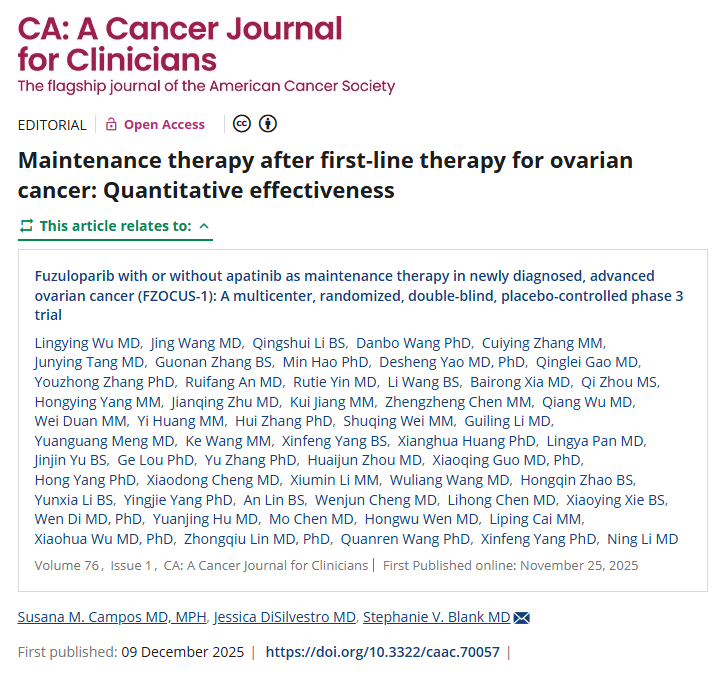 CACancerJournal's tweet image. This new editorial by Drs. Susana Campos, Jessica DiSilvestro, and Stephanie Blank comments on results of the FZOCUS-1 trial testing fuzuloparib &amp;amp; apatinib as maintenance treatment after 1st-line therapy in #OvarianCancer.

acsjournals.onlinelibrary.wiley.com/doi/full/10.33…

@OncoAlert #GYNCSM