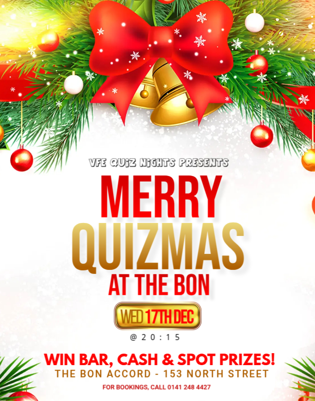 TheVFEnt's tweet photo. It's the @thebonaccord #quiz tonight - join us at 20:15 for a chance of winning a £50 bar tab and some #cash! 

Also, just a quick reminder that next Wednesday is our #Christmas #Quiz (and last for the year!). It's very limited availability, so make sure to get your bookings in! https://t.co/MEnJm9A7xV