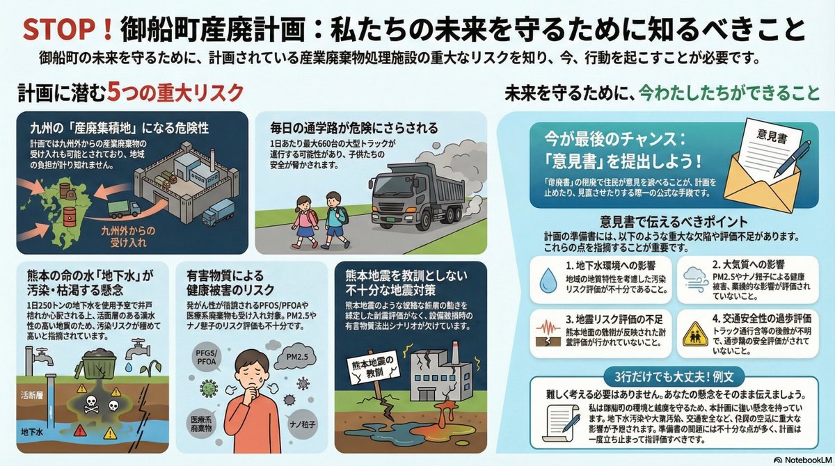 club_kumamoto's tweet image. 熊本県御船町の上野地区で、地域を大きく揺るがす「巨大産廃処理施設」の建設計画が進んでいます。
しかし住民の多くは、その実態を知っていません。
この施設は、町の一般ごみではなく“産業廃棄物”が主体の大規模施設。
しかも立地は、熊本の命とも言える 地下水・天君水源の上流域。…
