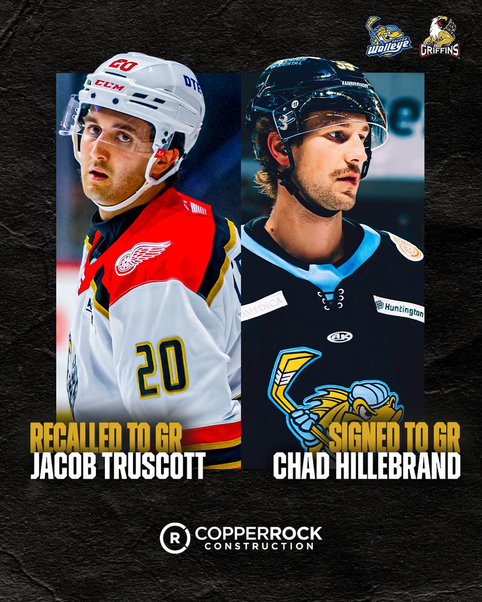 . <a href="/CopperRockGR/">CopperRock</a> Building Strong Update: The Griffins recalled defenseman Jacob Truscott from the ECHL’s Toledo Walleye. In addition, the Griffins signed forward Chad Hillebrand to a professional tryout from the <a href="/ToledoWalleye/">Toledo Walleye</a>  #GoGRG

DETAILS | 🔗 bit.ly/4a90L4E