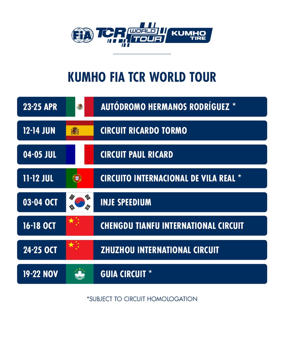 The top tier of FIA touring car racing, the Kumho FIA TCR World Tour, will once again feature eight events across the globe next season, following today’s approval of the 2026 calendar by the FIA World Motor Sport Council in Tashkent.
 
#FIA #TCRWorldTour #TCRSeries
