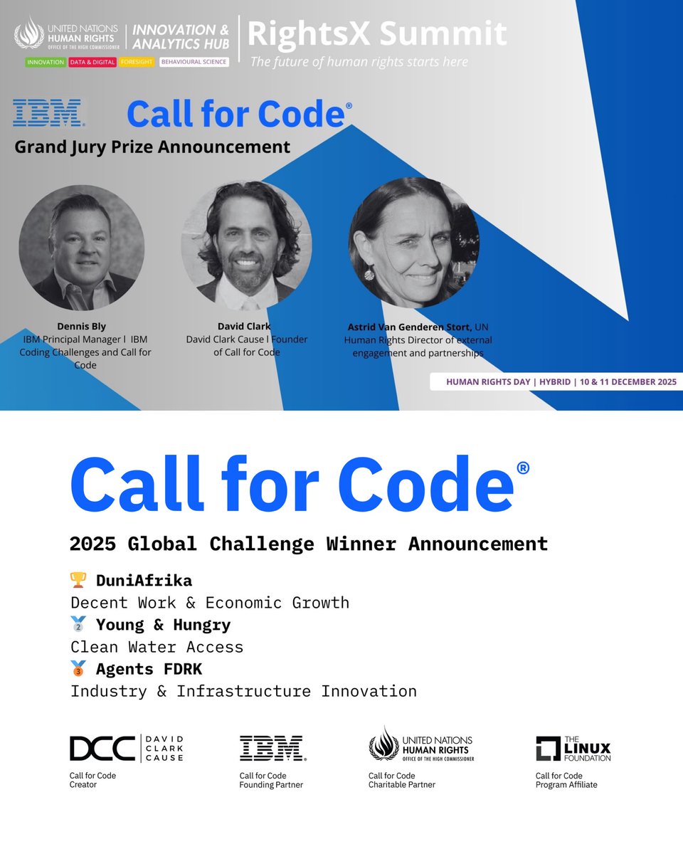CallforCode's tweet image. 🏆 Call for Code 2025 Winners Announced at #RightsXSummit!
🥇 DuniAfrika
🥈 Young &amp;amp; Hungry
🥉 Agents FDRK 
👏 Empowering tech that protects human rights and communities.
🔗 bit.ly/49SbIY9
#CallForCode #RightsX #TechForGood #HumanRightsDay @IBM @UNHumanRights @UN