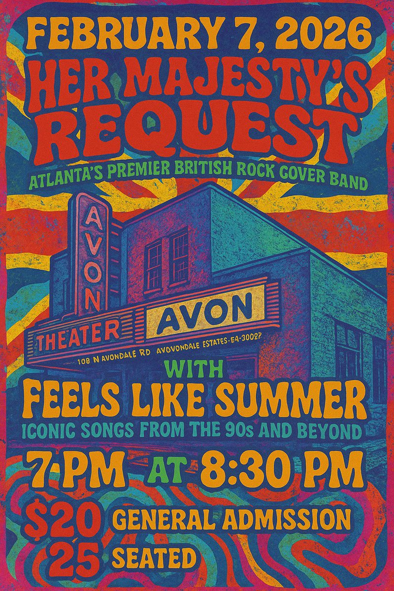 LikeSummerBand's tweet photo. 🚨 SHOW ALERT 🚨

Feels Like Summer is hitting the stage at Avon Theater on 2/7/26, supporting the incredible Her Majesty’s Request — Atlanta’s premier British rock cover band!

#HerMajestysRequest #AvonTheater #AvondaleEstates #LiveMusicATL #BritishRock #CoverBand #ConcertNight https://t.co/NVMXxNXwEl