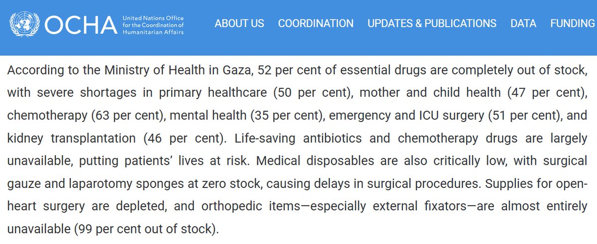 cogatonline's tweet photo. Once again, OCHA manifacturing a false narrative: 

How? by quoting Hamas claims about shortages of medicines in Gaza, framing it as an urgent humanitarian failure.

The reality: 
Since the start of the war, every single request for medicines, narcotics, and medical consumables has been approved, immediately and without restriction.

All humanitarian organizations need to do is purchase the medical supplies and coordinate their entry into Gaza. That’s it. No denials. No delays. No obstacles.

Instead of publishing false reports, we invite you to coordinate more medicines you claim are missing.