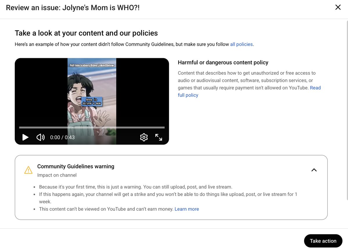 AntwanShiro's tweet photo. Hey @TeamYouTube @YouTube why is my short, strictly talking about a theory from an anime, getting a community guideline strike for Harmful and Dangerous content, when my video contains no such content. My appeal was rejected, but I doubt anyone reviewed it?https://t.co/XBhc1jYBYG https://t.co/TfYydRrabm