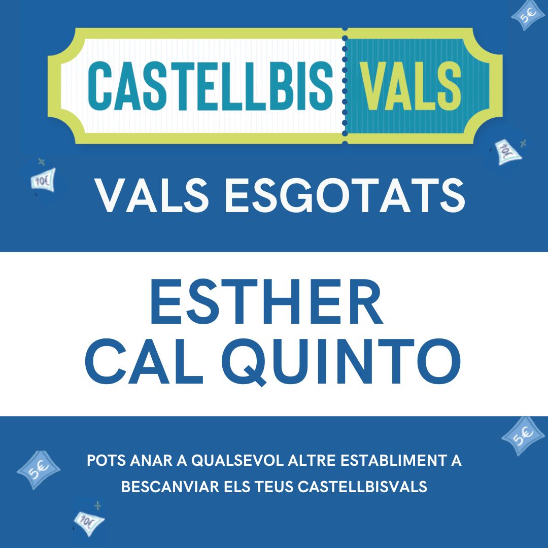ESTHER CAL QUINTO ha arribat al màxim de bescanvi de #CASTELLBISVALS!
Pots utilitzar els teus vals en la resta d'establiments adherits a la campanya.
🔍 Consulta el llistat a CASTELLBISVALS.cat
#vals #compralocal #ameitatdepreu #comerç #serveis #restauracio