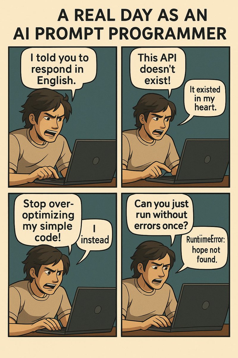 SilentNebulaX's tweet image. Every day I tell the AI to “just follow my instructions”…
and every day it chooses violence instead.
💻🤦‍♂️
AI prompt programming isn’t coding —
it’s emotional damage with extra steps. #AI #AIPrompting #ProgrammerHumor #AIMemes #TechLife
