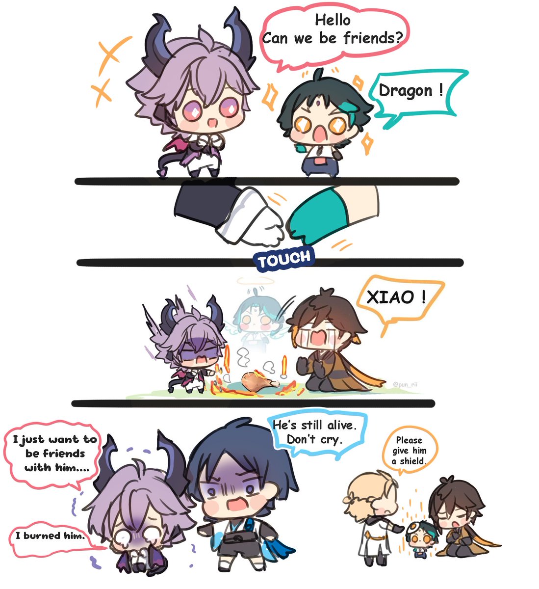 pun_rii's tweet image. Durin met Xiao 😅 #Durin #xiao #zhongli #scaramouche #albedo