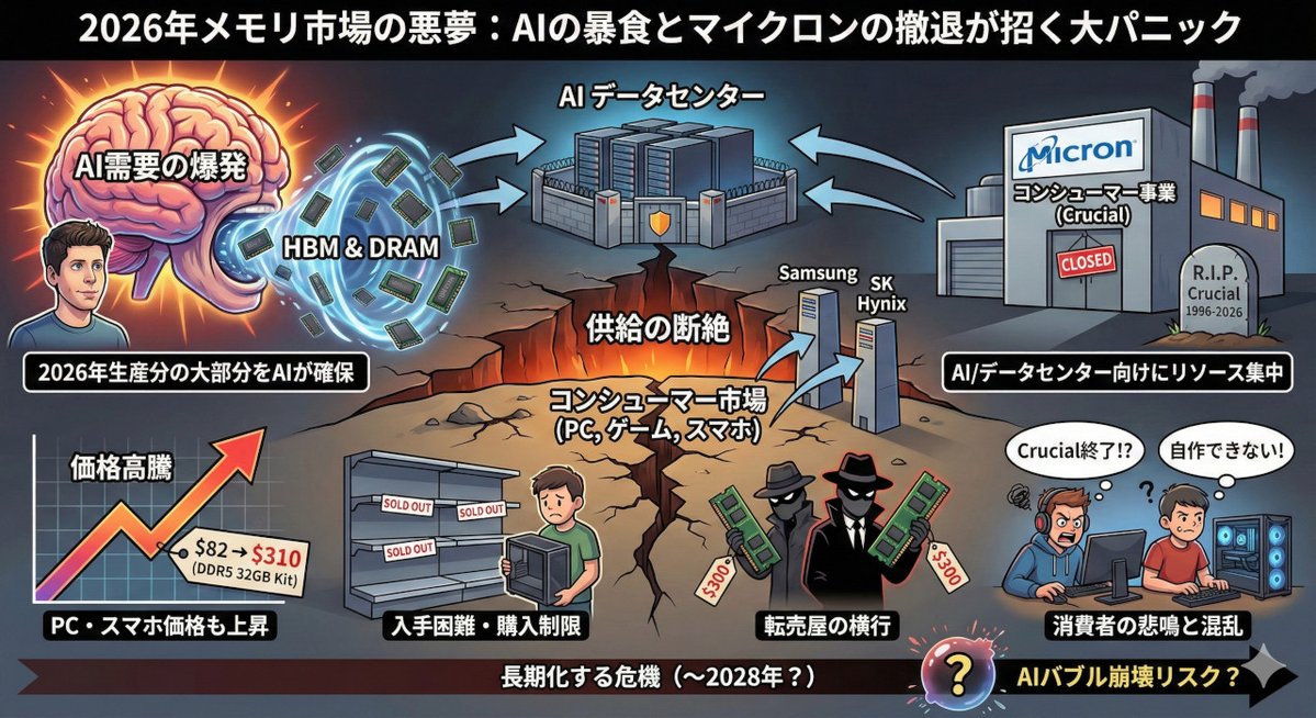 Junyou_jp's tweet image. 2025年12月現在から2026年にかけてメモリ業界で何が起こっているのか、どんな悲観的な予測になりそうかを簡単な図解にしました💦
#DDR5