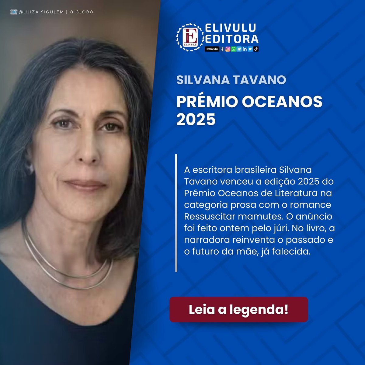 A escritora brasileira Silvana Tavano venceu a edição 2025 do Prémio Oceanos na categoria prosa com o romance Ressuscitar mamutes. O anúncio foi feito ontem pelo júri. No livro, a narradora, que é a própria escritora, reinventa o passado e o futuro da mãe, já falecida