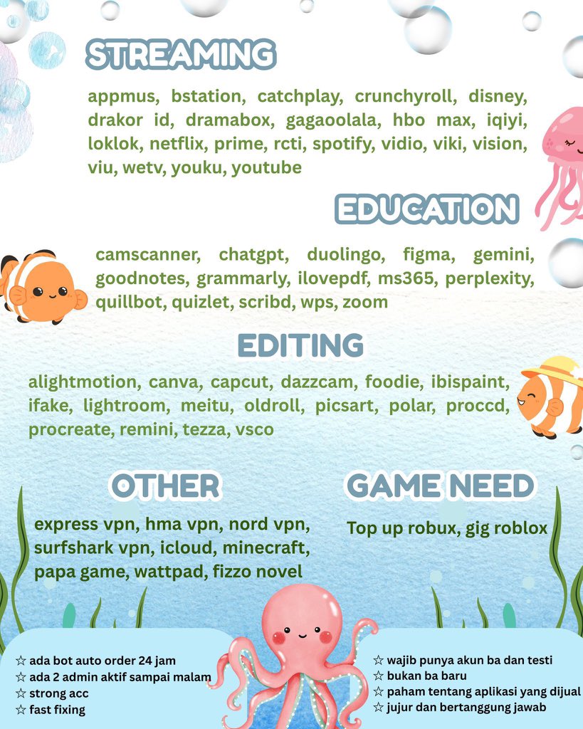 snuggfly's tweet image. haii temen² 👋🏻 aku baru opress app premium &amp;amp; roblox need 💗 fast process, fast resp &amp;amp; admin selalu stand by sampai malam~ mau intip pricelist? yuk klik contact di bio atau dm aja yaa🛒🐰
#zonauang