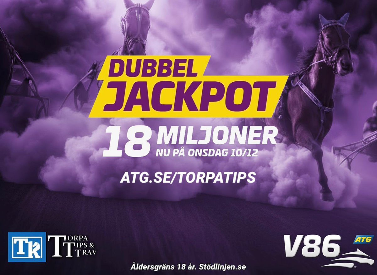 𝐃𝐔𝐁𝐁𝐄𝐋𝐉𝐀𝐂𝐊𝐏𝐎𝐓 𝐏𝐀̊ 𝐕𝟖𝟔 - 𝟏𝟖 𝐌𝐈𝐋𝐉𝐎𝐍𝐄𝐑 𝐀𝐓𝐓 𝐒𝐏𝐄𝐋𝐀 𝐎𝐌 💰🤑

⏰ 𝐒𝐩𝐞𝐥𝐬𝐭𝐨𝐩𝐩 𝐕𝟖𝟔: 𝟐𝟎.𝟑𝟎 

👉🏻 Här finns ALLA våra populära andelsspel till kvällens omgång: atg.se/torpatips/V86_… 👈🏻