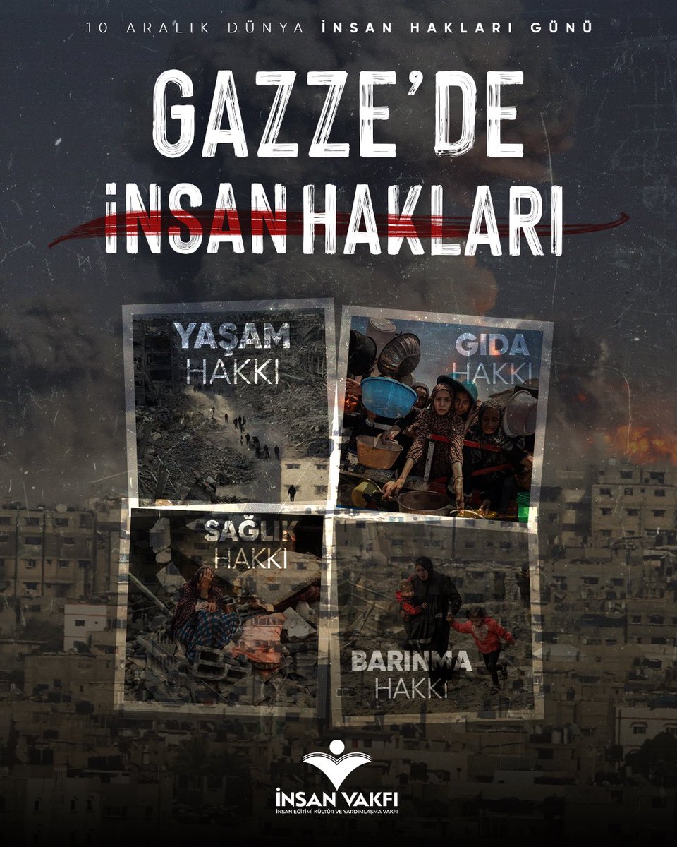 📌 Bugün 10 Aralık Dünya İnsan Hakları Günü!

❗️İnsanların eğitim, barınma, gıda ve sağlık gibi çok temel haklarının olduğu muhakkak!

Gazze’deki insanların çocuk veya kadın demeden hayat hakkının gasp edildiği bir dünyada adaletin tahakkuku için mücadele etmeliyiz!