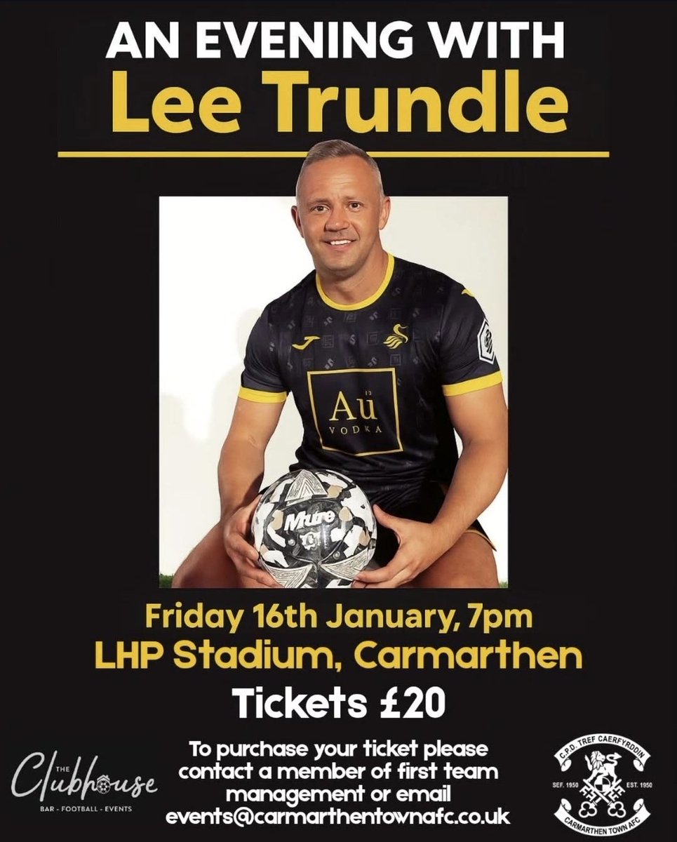 CarmarthenAFC's tweet image. Looking for a Christmas present? 👀 Then look no further! 🎅

The Clubhouse and Carmarthen Town AFC are pleased to announce an evening with Lee Trundle. 

 A Swansea City legend, Lee played 166 games and scoring 83 goals for the Swans. More recently he has played for Welsh teams…