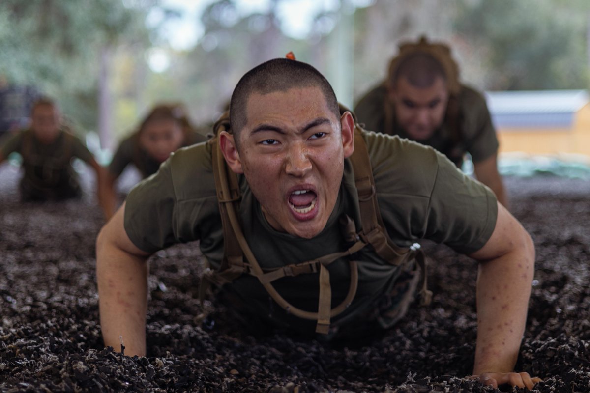 USMC's tweet image. #MarineCorps recruits with Alpha Company, 1st Recruit Training Battalion, execute tan belt techniques as part of the Marine Corps Martial Arts Program on @MCRDPI, S.C.

During recruit training, recruits are taught and must master basic assault and defense techniques to earn their…