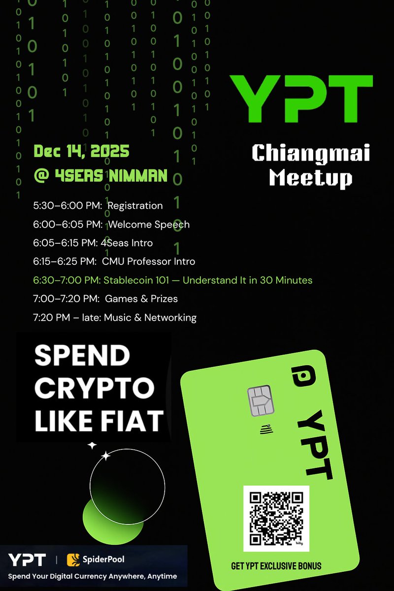 🚀YPT x ETHChiangmai Meetup Coming soon!

Ready to vibe this Sunday? Join us for a chill evening of stablecoin insights, games, and good vibes with <a href="/YPT_Official/">YPT</a> 💜

📅 Dec 14 @ 4Seas NIMMAN
✨ What to expect:
- Crypto &amp; payment trends
- Interactive games
- Networking

🔗 RSVP: