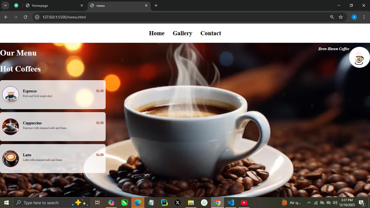 code_with_nynja's tweet image. Working on a coffee shop website using  HTML and CSS Page 2
Open for suggestions and improvements from you guys  #progressisprogress