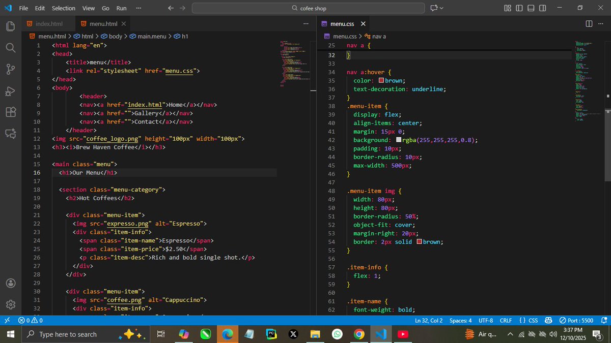 code_with_nynja's tweet image. Working on a coffee shop website using  HTML and CSS Page 2
Open for suggestions and improvements from you guys  #progressisprogress