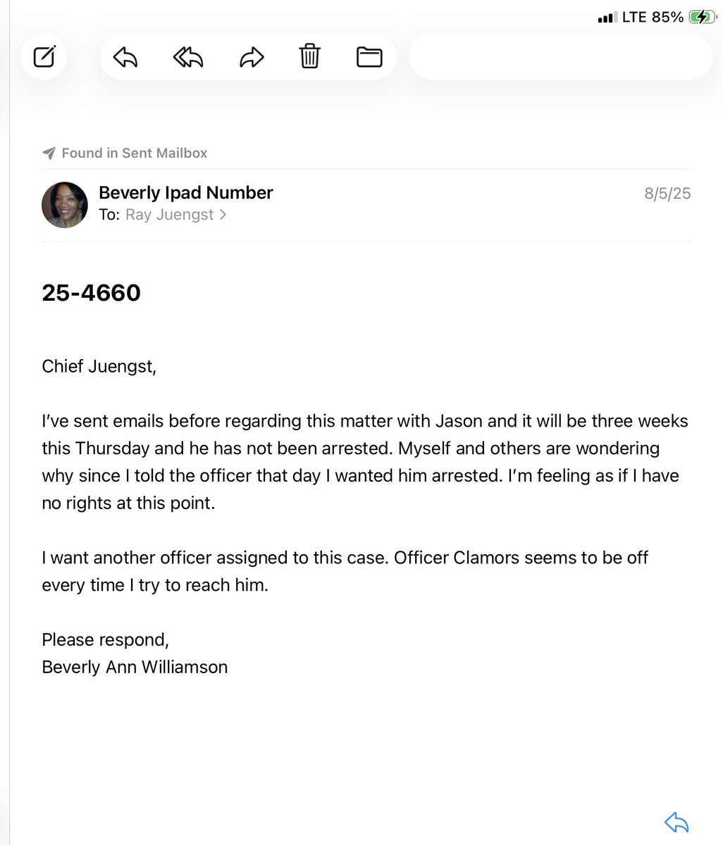 See my email to him in august. Officer Clamors has made it his mission not to help me by changing the initial report, talking to me like I’m a child and just ignoring me. Hitting someone’s head against the wall is ok if you’re homeless and black in St. Charles.