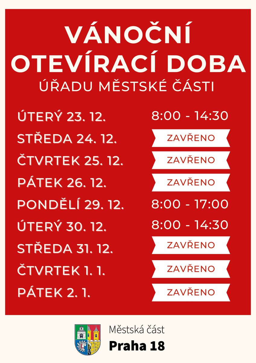 I letňanská radnice bude mít vánoční otevírací dobu. Prosíme, naplánujete si pečlivě svoji návštěvu úřadu. Děkujeme! 👇