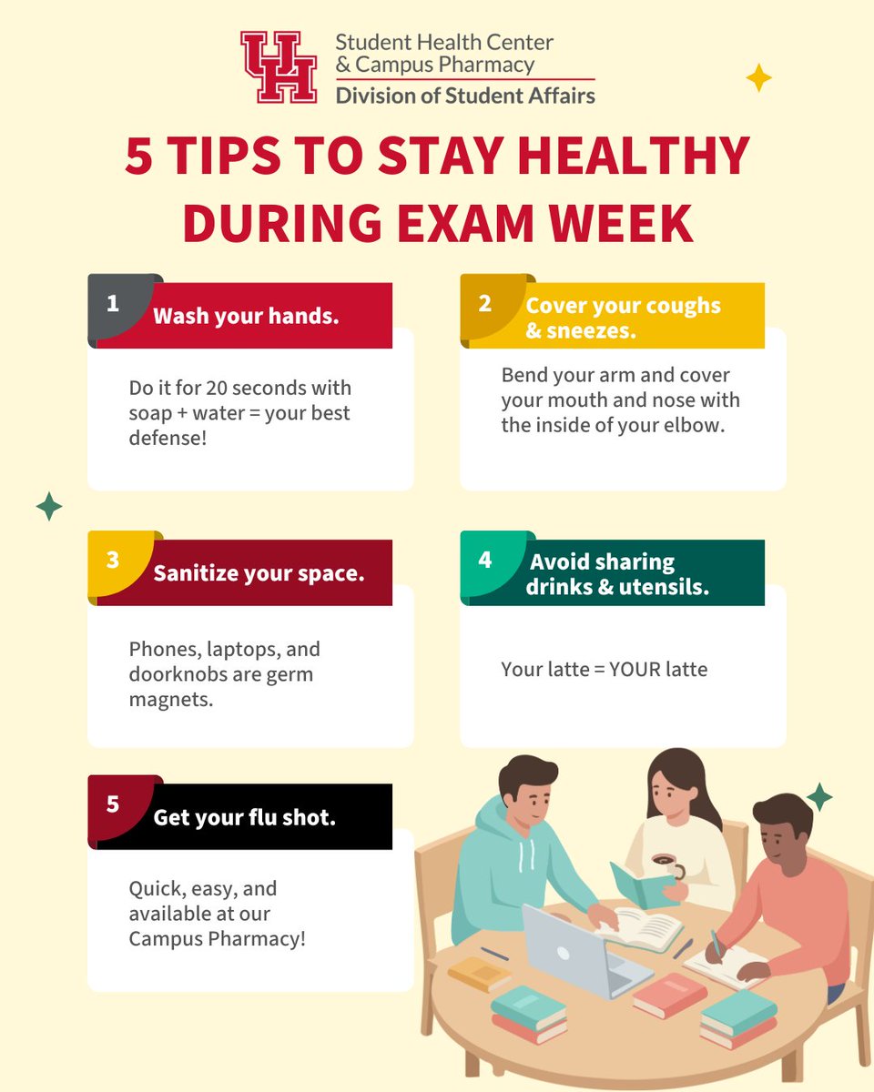 🦠 Stay healthy during exam week! 💪
Flu season is here—don’t let germs ruin your vibe and interrupt your flow. Here are some tips on how to keep them away.

#UHStudentHealthCenter