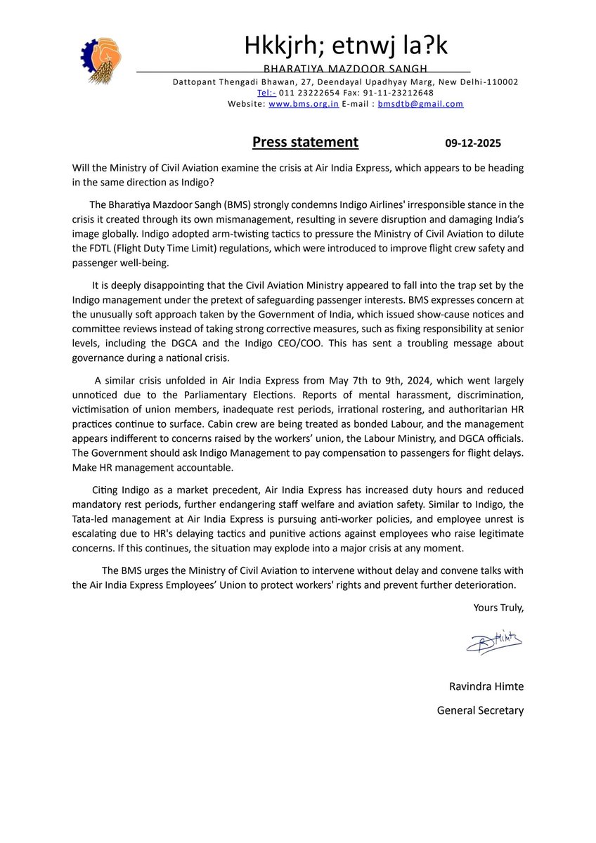 " Like Indigo Chaos, Air India Express had also experienced such a crisis on 7-9 May 2024, which went unnoticed due to the Parliamentary Elections. Mental harassment, discrimination, victimisation of sole Cabin Crew Union members, lack of rest, adoption of an illogical roster