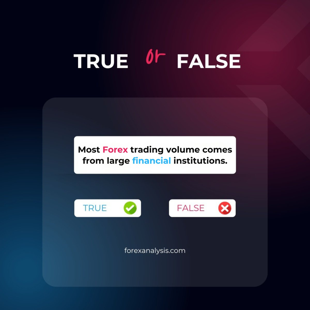 fxanalgo's tweet photo. ๐ก True or False?
Most Forex trading volume comes from large financial institutions. โ
โ
Whatโs your guess? Drop your answer below! โฌ๏ธ
.
.
.
#ForexQuiz #TradingKnowledge #ForexFacts #MarketInsights #TraderEducation https://t.co/6HwaOgpTst