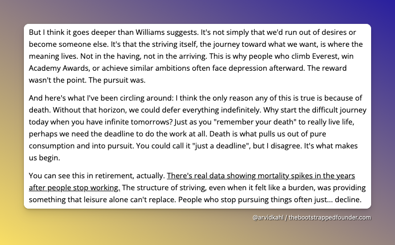 Excelente reflexão sobre a mortalidade como requisito para o progresso (e o ímpeto para agir). Recomendo a leitura deste
