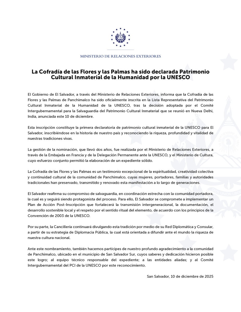 La Cofradía de las Flores y las Palmas ya es Patrimonio Cultural Inmaterial de la Humanidad de la <a href="/UNESCO/">UNESCO 🏛️ #Education #Sciences #Culture 🇺🇳</a>. 🌸🌺

Esta declaratoria, la primera en su categoría para El Salvador, es un logro que concretamos en conjunto con el Ministerio de <a href="/culturasv/">Ministerio de Cultura</a>.